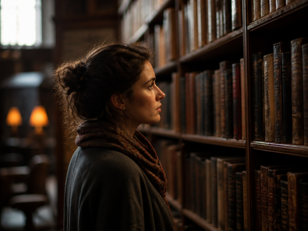 A photograph of a library reading room lined floor to ceiling with old bound…