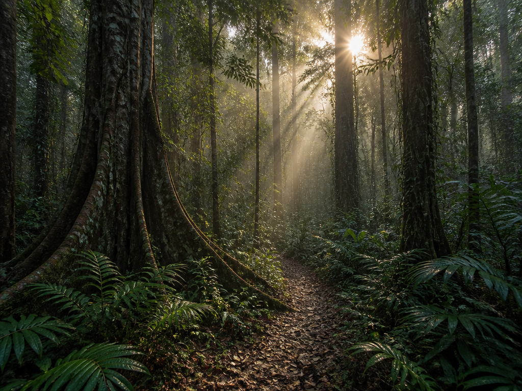 A wide environmental photograph of a dense tropical forest at dawn, tall buttressed trees…
