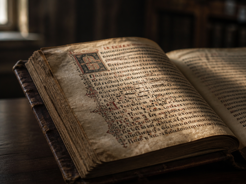 A close-up photograph of aged parchment manuscript pages bound in a worn leather cover…