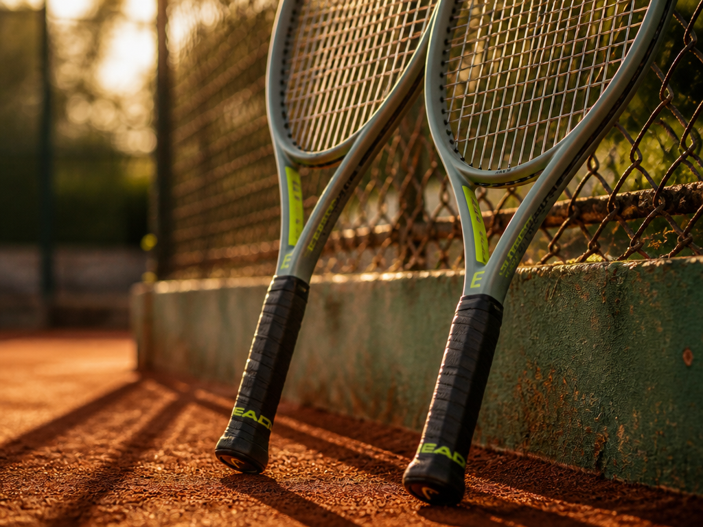 A close-up, low-angle photograph of two HEAD Extreme tennis racquets (one P98, one P100)…