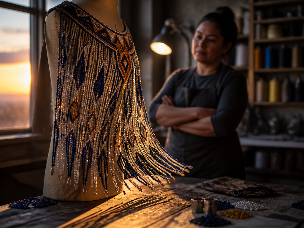 A photorealistic documentary photograph of a costume workshop at dusk: a heavily beaded ceremonial…