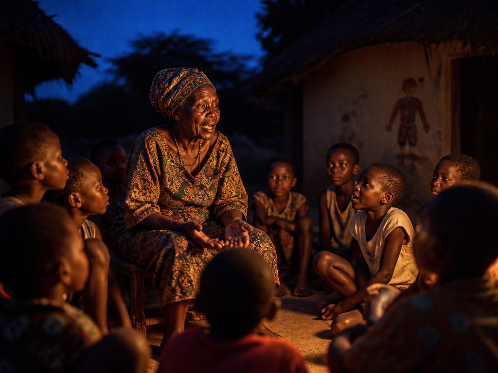 A dim West African village courtyard at dusk, photographed from a low seated vantage…