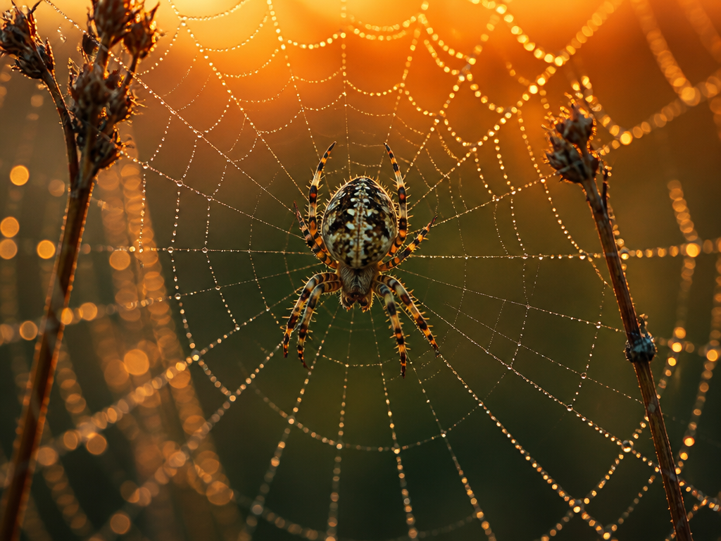 An extreme macro photograph of a single orb-weaver spider suspended at the center of…
