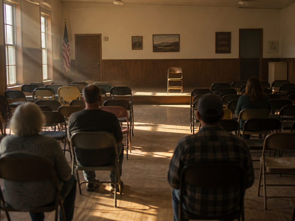 A plain community hall in the Appalachian foothills, interior, late afternoon: a single empty…