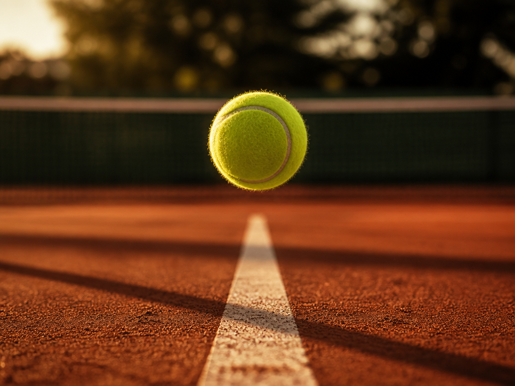A tight profile shot of a tennis ball suspended mid-air, fuzz slightly blurred, directly…