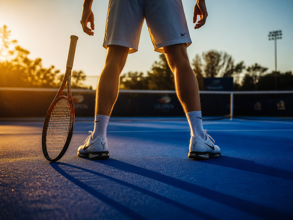 Low-angle shot of a player's legs and tennis shoes on a hard court at…