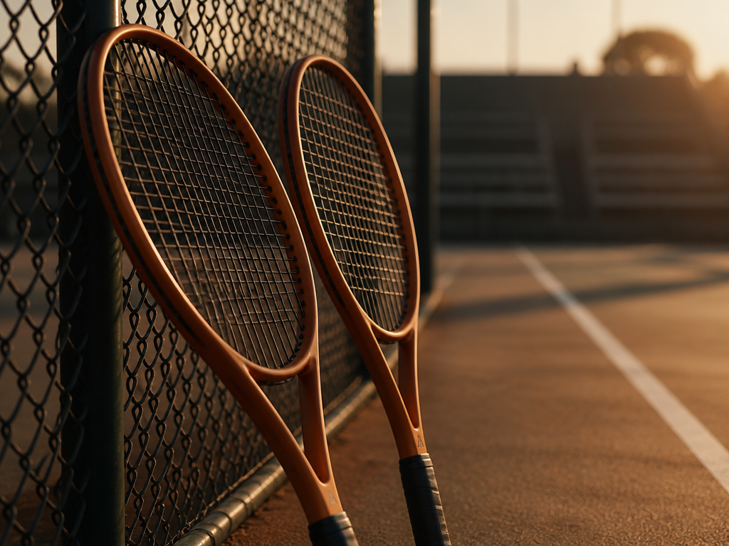 Close-up of two tennis racquets leaning side by side against a wire mesh fence…