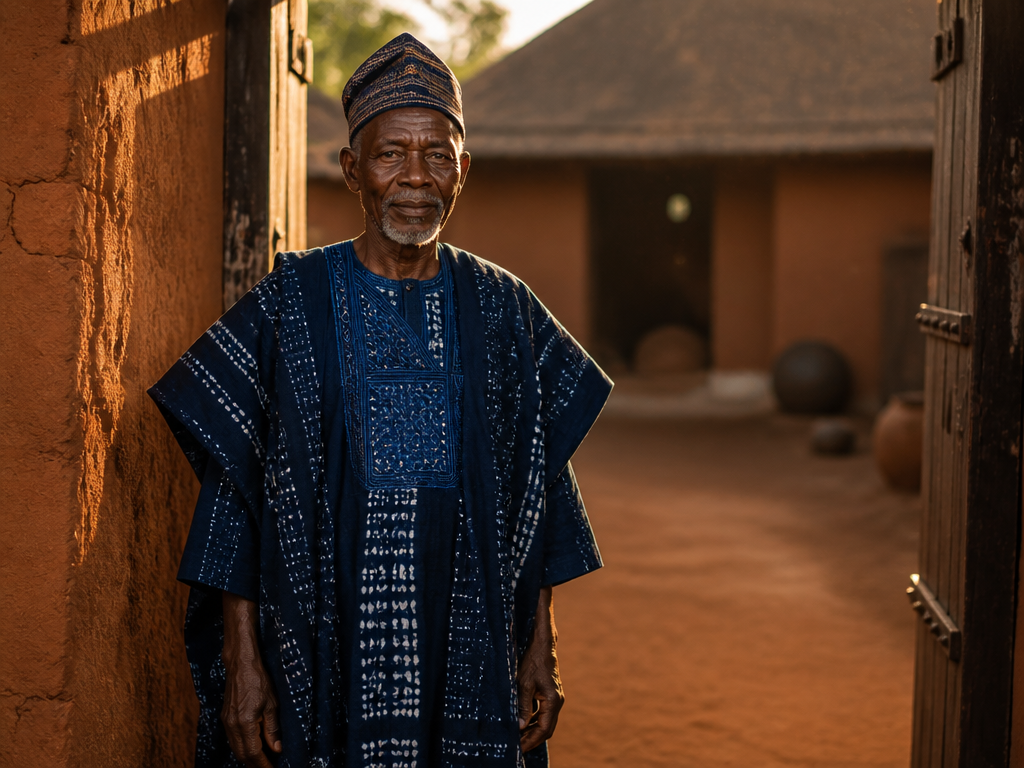 A photorealistic portrait of a Yoruba elder in an indigo adire agbada and a…