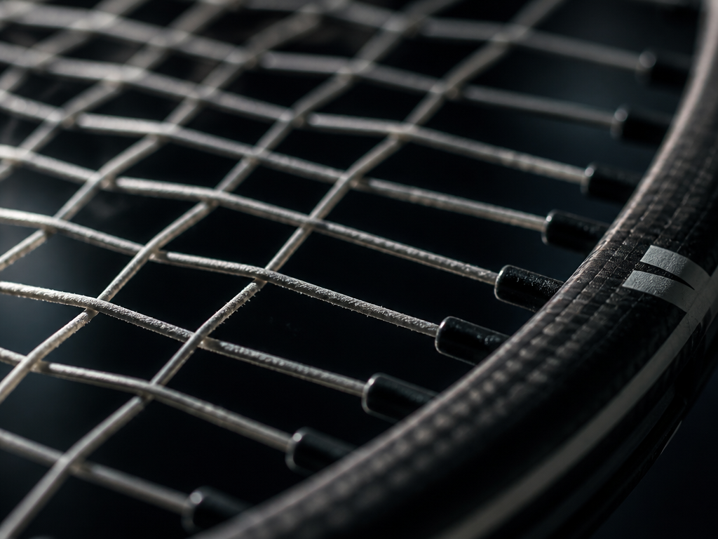 A close-up macro photograph of a tennis racquet stringbed against a dark, moody studio…