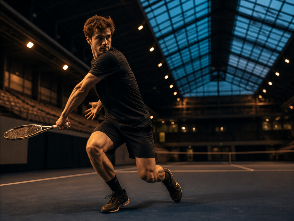 A low-angle photograph of a tennis player in an empty indoor court at dusk…