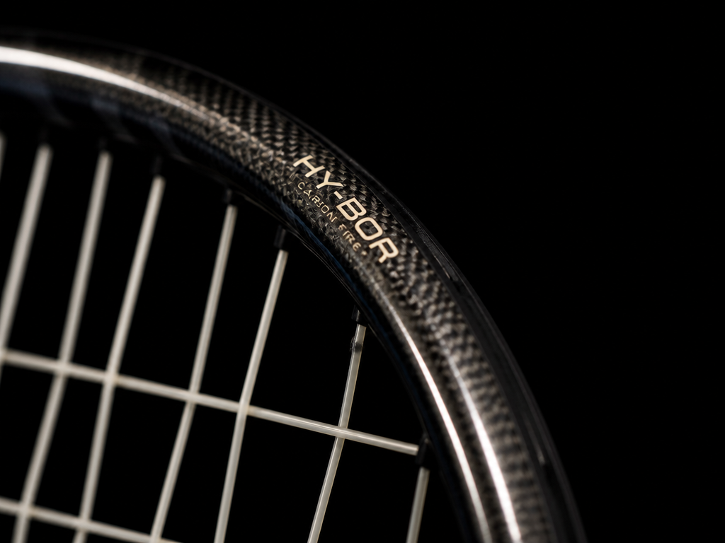 A high-end macro photograph of a tennis racquet's upper hoop at 2 o'clock, showing…