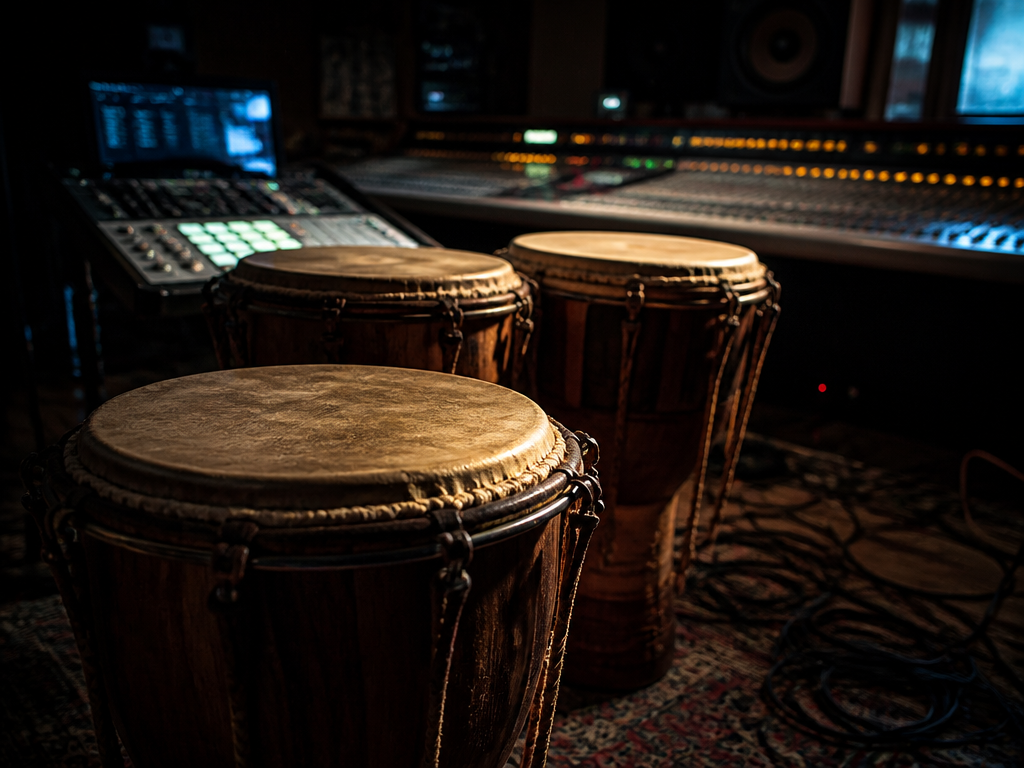 A photorealistic documentary photograph inside a dim Chicago recording studio at night: a set…