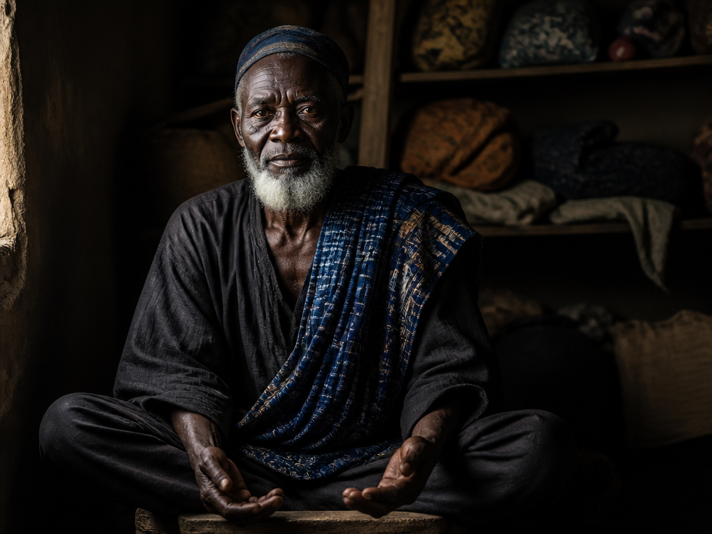 An intimate photograph of an elderly man seated cross-legged on a low stool in…