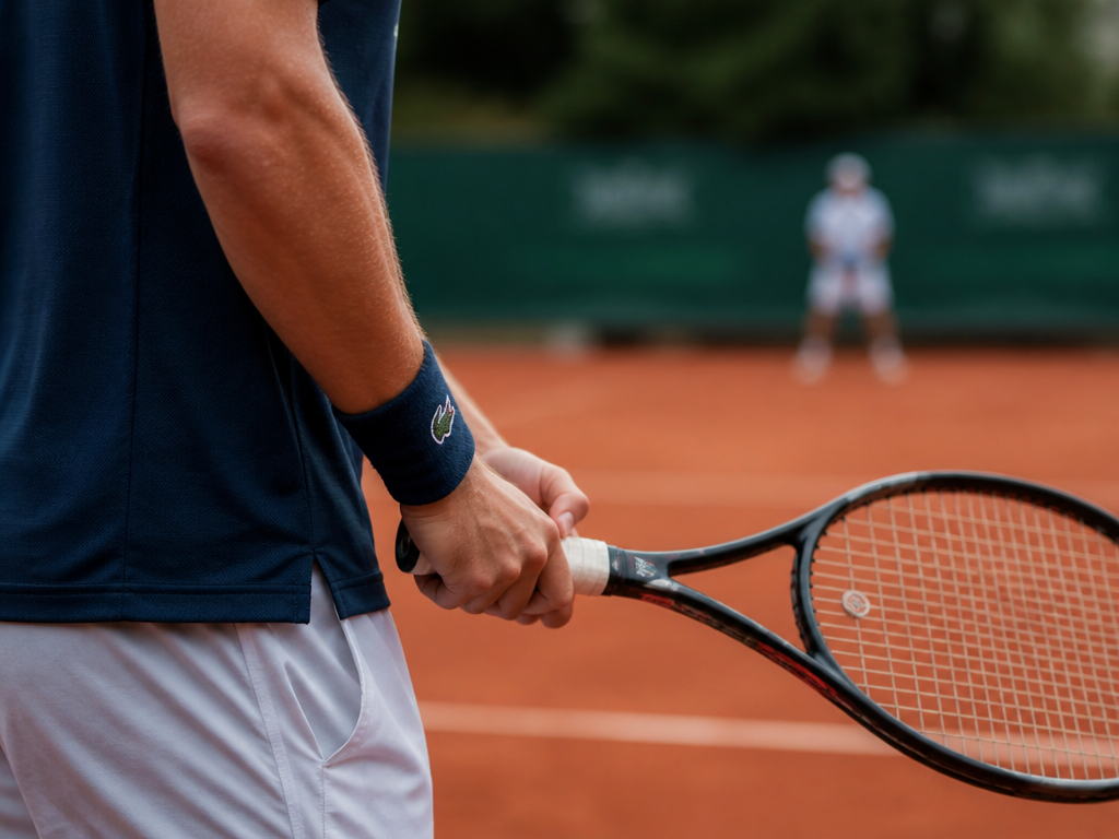 A mid-shot photograph of a tennis player's hands gripping a racquet at waist level…