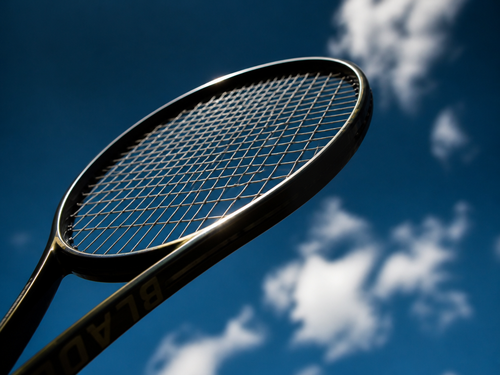 A dynamic low-angle photograph looking up at a tennis racquet mid-swing against a bright…