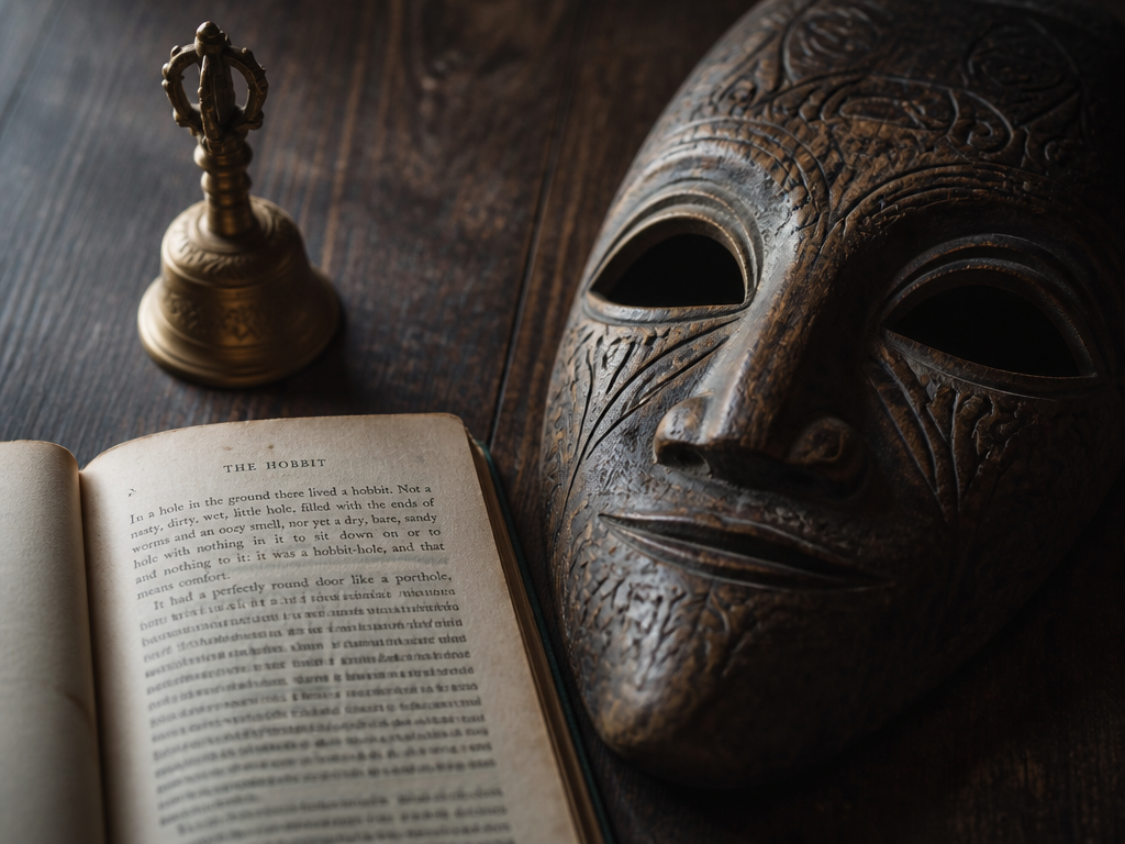 Close-up still-life photograph of a weathered hardcover novel lying open on a dark wooden…