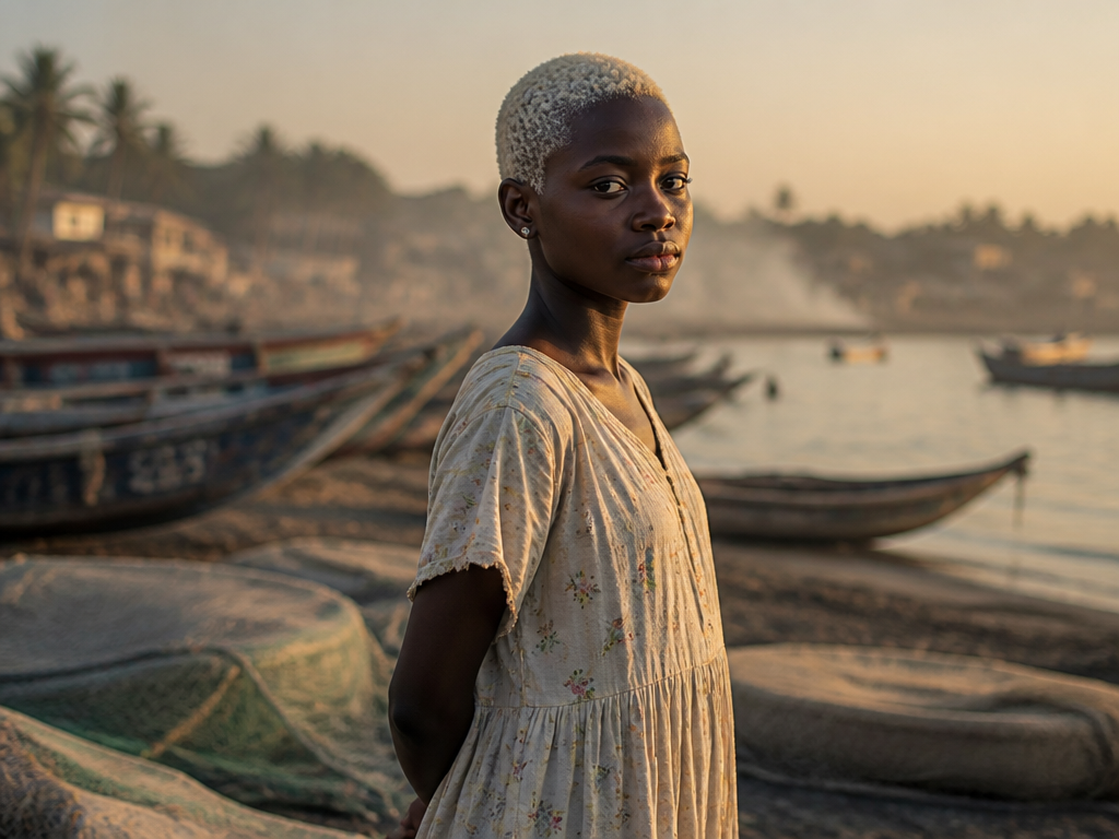 A teenage girl with close-cropped stark white hair standing alone at the edge of…