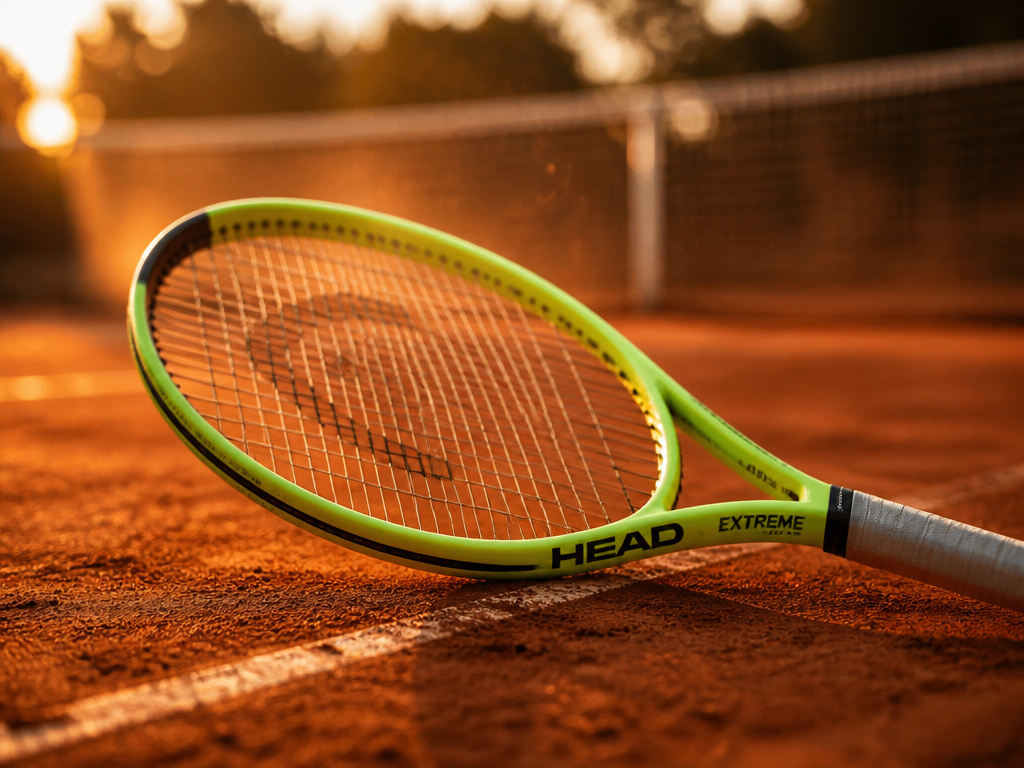A professional tennis racquet — the HEAD Extreme 2026 — rests diagonally on a…