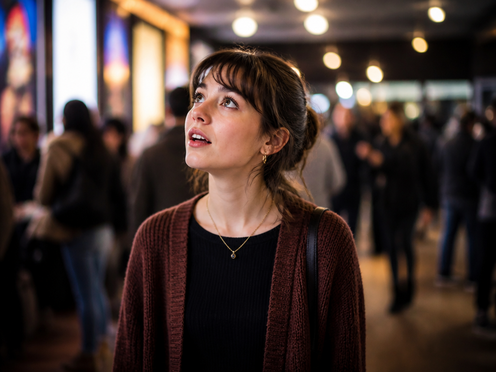Photorealistic documentary photograph of a young woman standing alone in a packed cinema lobby…