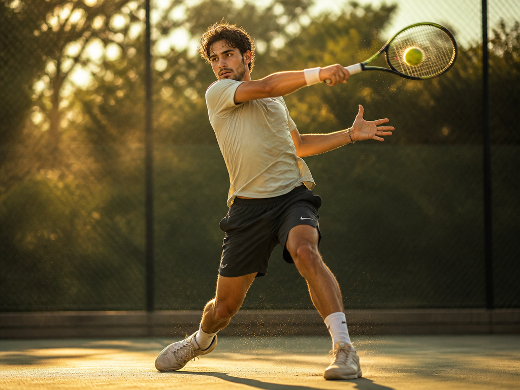 A medium shot of a tennis player mid-swing on a sun-drenched hard court in…