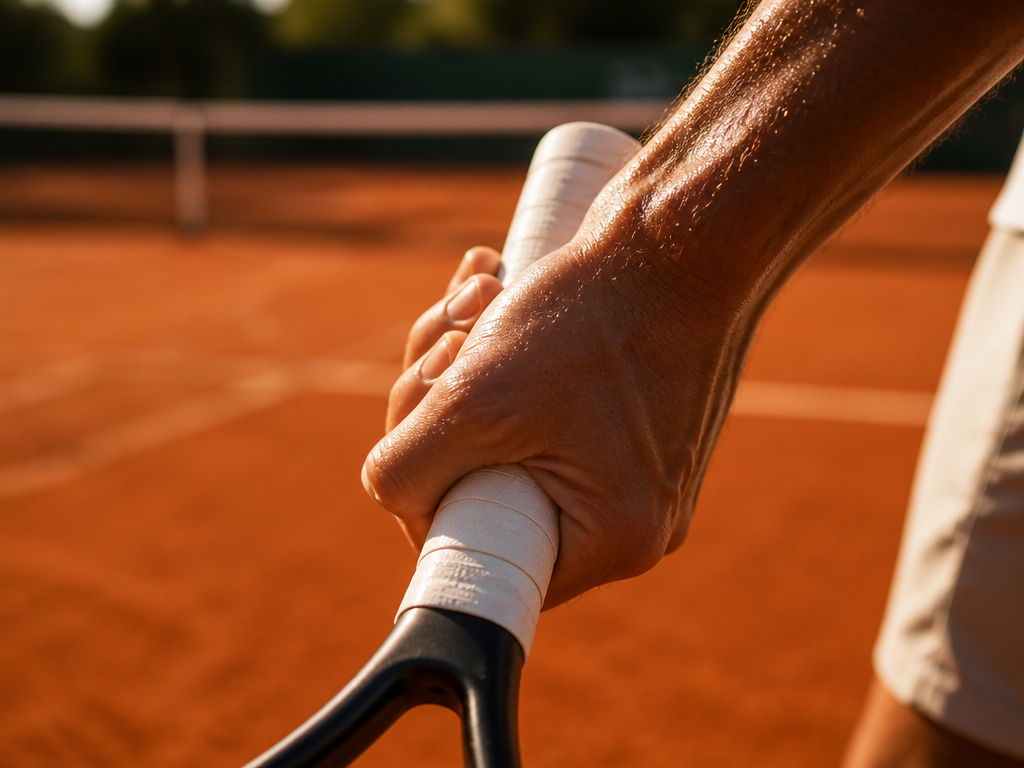 A close-up macro photograph of a tennis player's hand gripping a racquet handle wrapped…