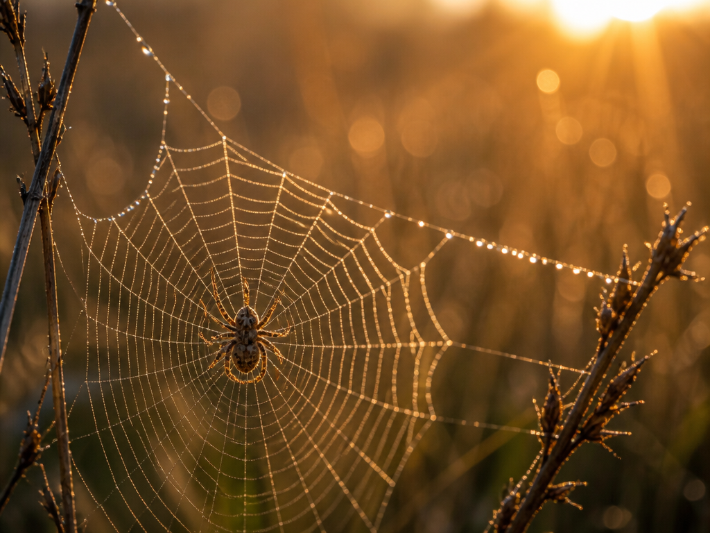 A photorealistic close-up photograph of a small orb-weaver spider suspended at the center of…