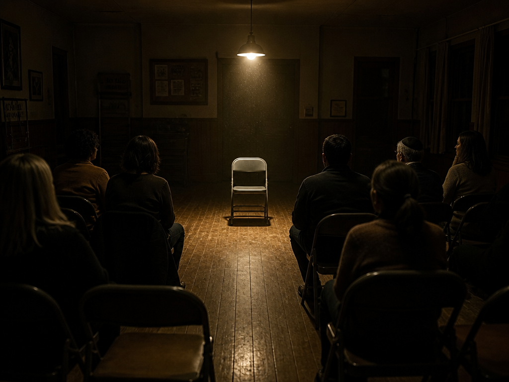 A photorealistic wide interior photograph of a modest community room at night: two rows…