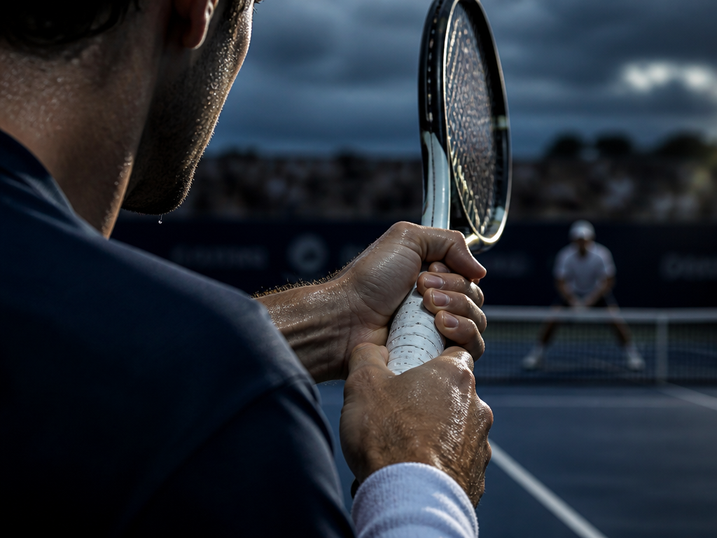 Over-the-shoulder shot focused on a player's two-handed backhand grip during a tense rally. The…