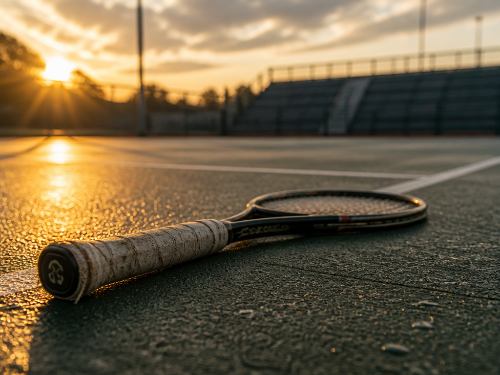 Low-angle shot of a tennis racquet lying abandoned on a humidity-misted hard court after…