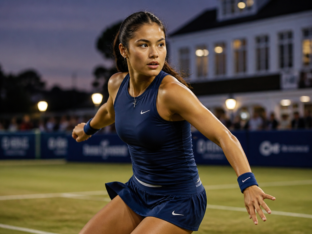 Close-up photograph of Emma Raducanu mid-stride on the Queen's Club grass, captured from ground…