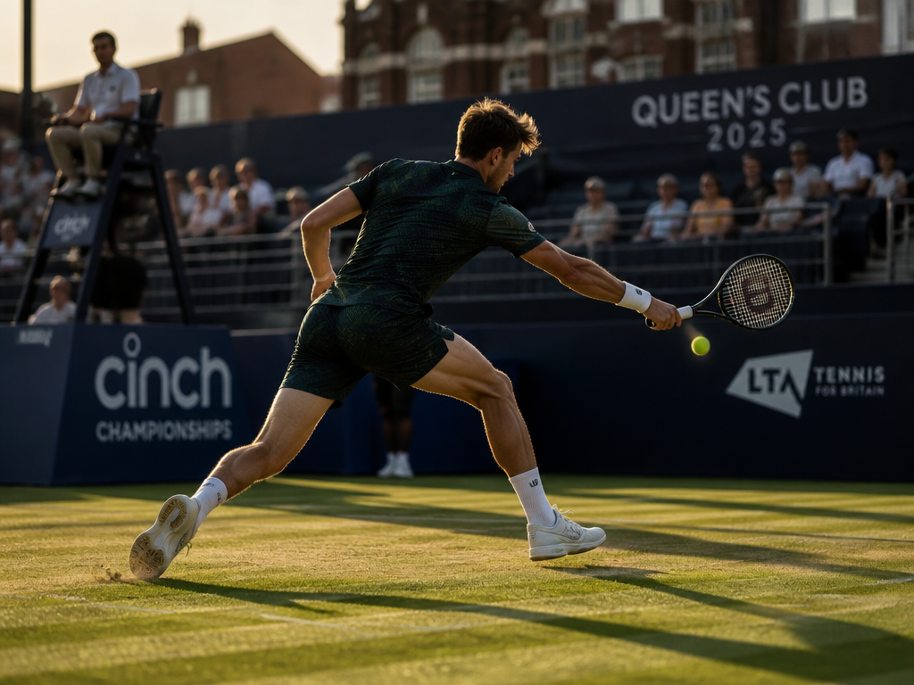 A tight, low-angle shot of a modern tennis court at Queen's Club during a…