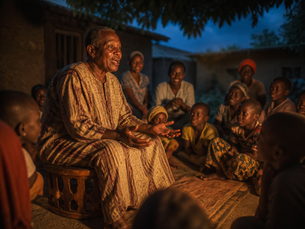 A dim Nigerian courtyard at dusk photographed at eye level: an elderly storyteller sits…