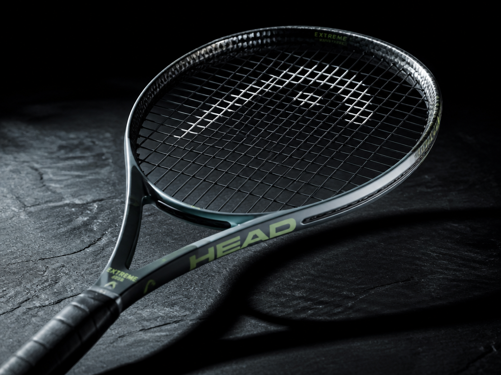 A moody, high-contrast studio photograph of a HEAD Extreme 2026 tennis racquet resting diagonally…