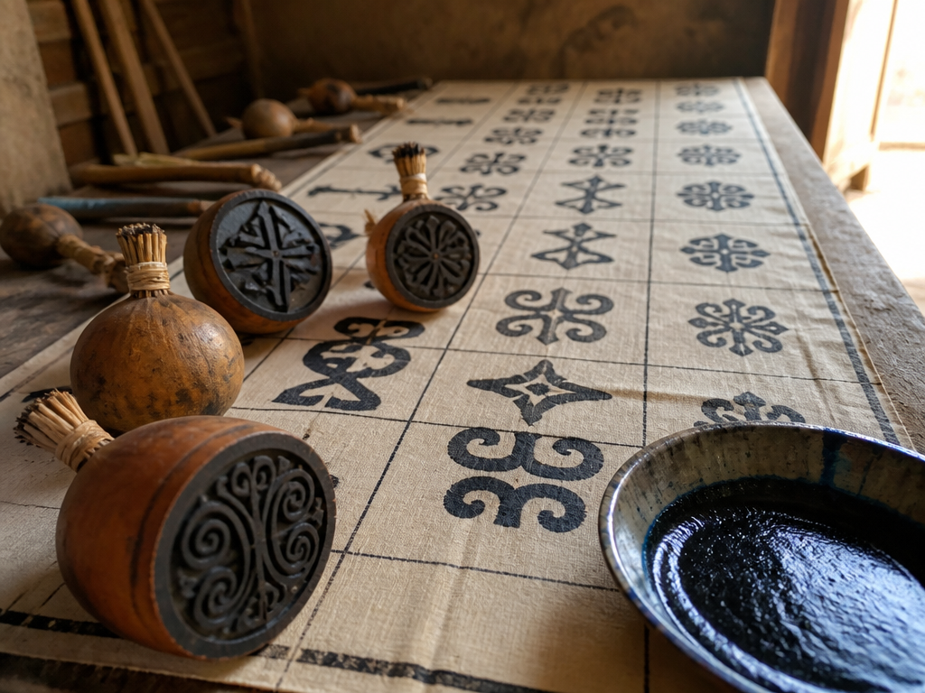 A photorealistic workshop photograph of an Akan adinkra printing bench in Ntonso: a length…