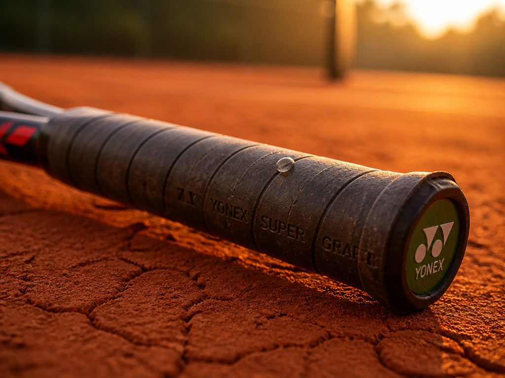 A close-up, shallow depth-of-field photograph of a tennis racket handle wrapped in a slightly…