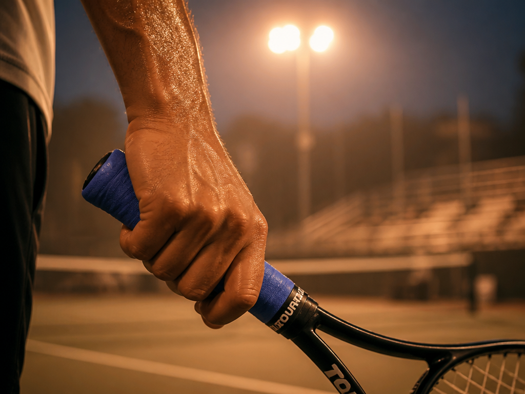 A medium shot of a tennis player's hand gripping a racket wrapped in blue…