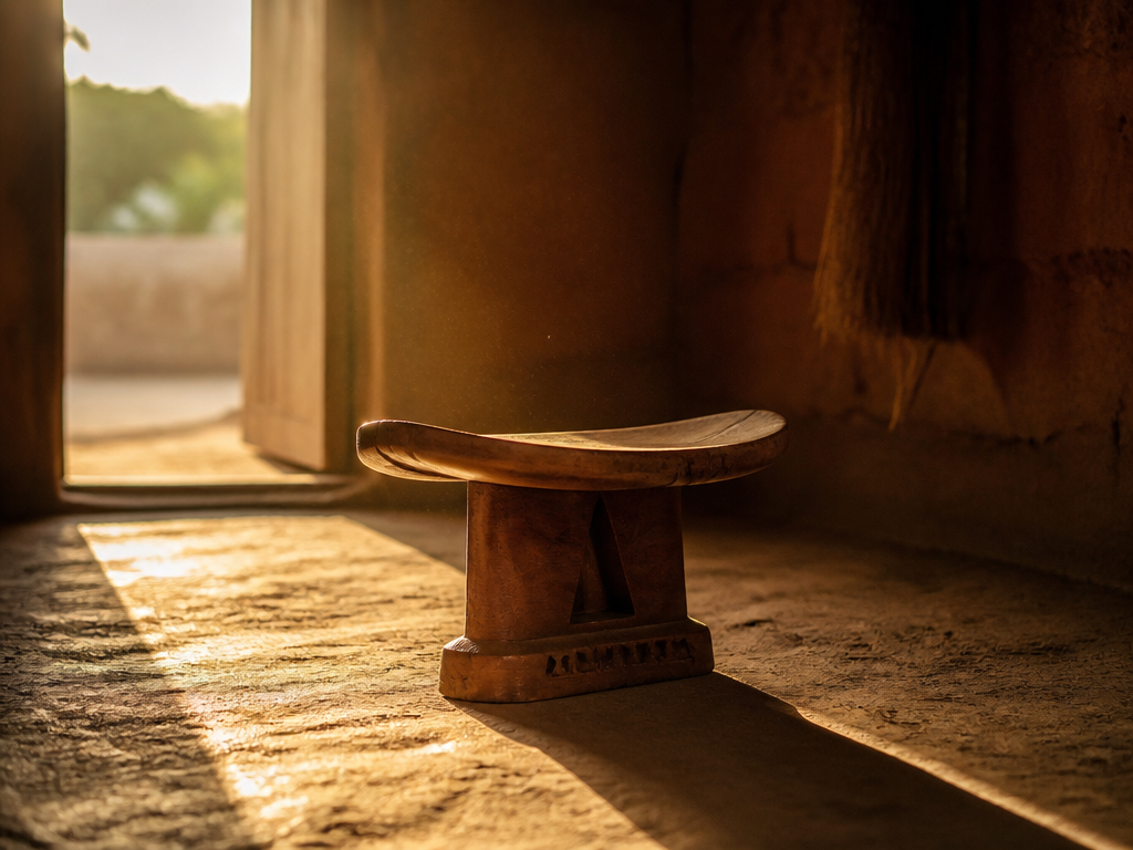 An empty carved wooden stool on a swept earthen floor in a Nigerian compound…