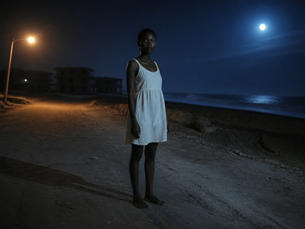 A young woman in a plain white sleeveless dress standing barefoot on a moonlit…