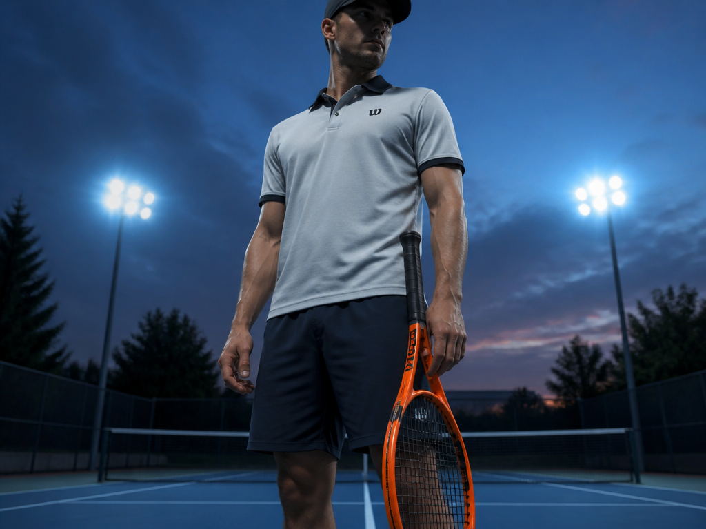 A medium shot from ground level, looking slightly upward at a male tennis player…