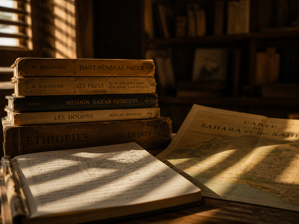 A still-life interior photograph of a scholar's worn wooden desk in a shuttered study…