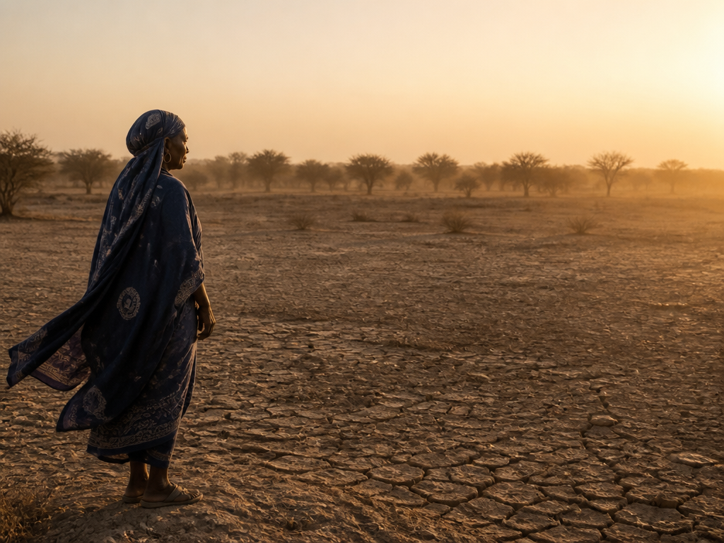 A wide, quiet documentary photograph of an elderly woman standing alone at the edge…