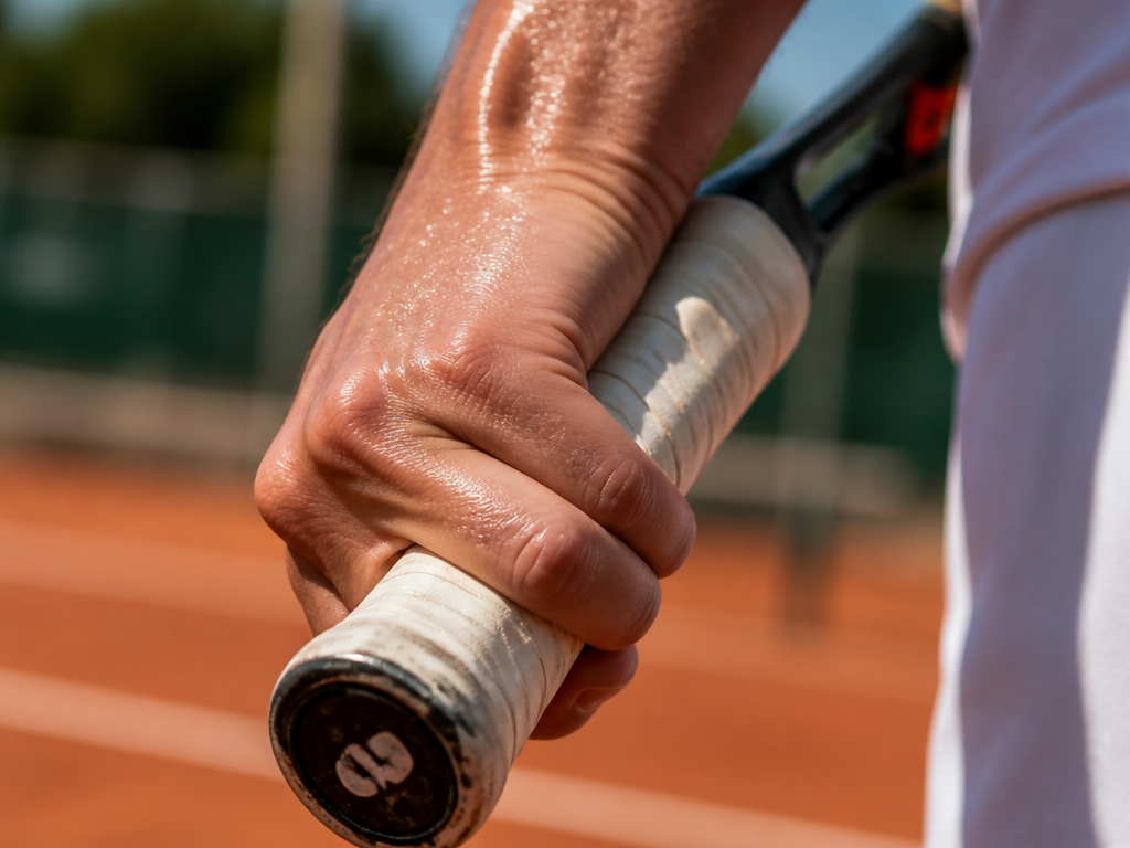 A tight, dramatic close-up of a tennis player's hand gripping a racquet handle during…