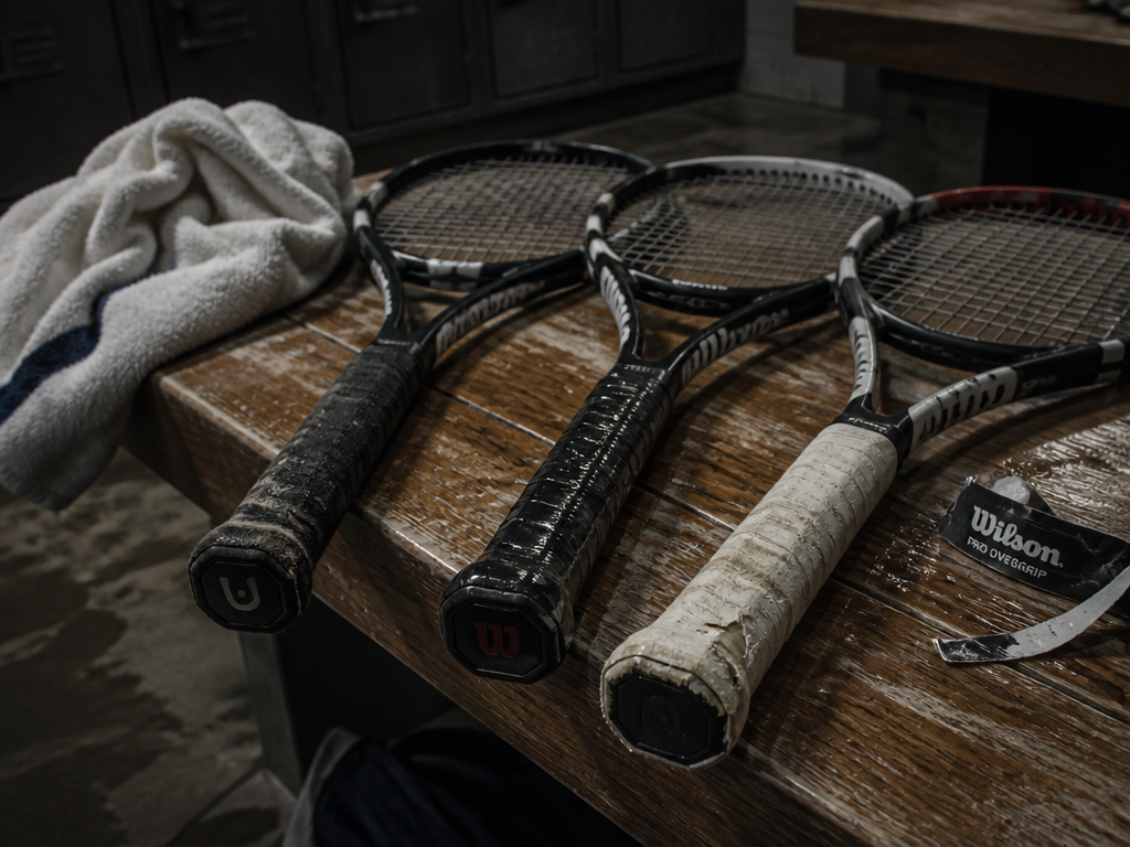 A moody still life on a wooden bench in a locker room or courtside…