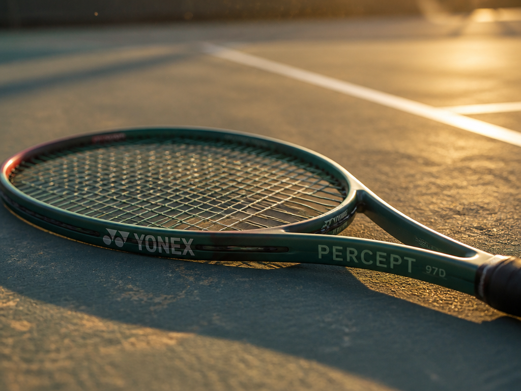 A professional tennis racquet lying flat on a weathered hard court at golden hour…