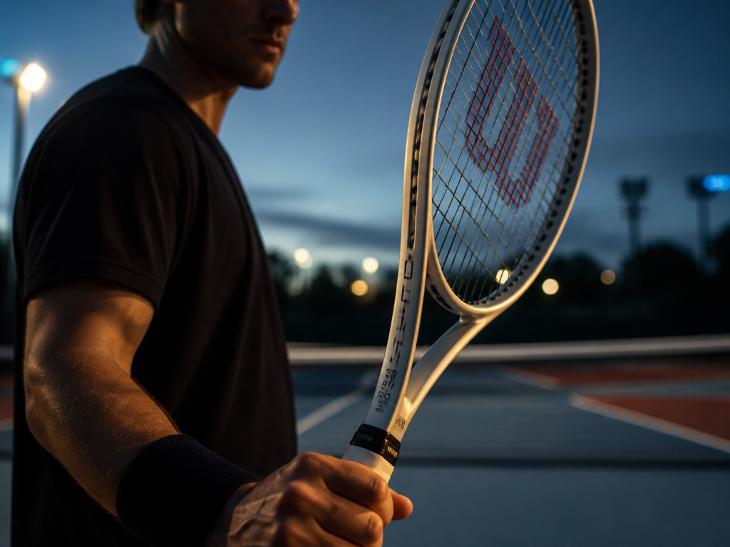 Close-up macro photograph of a player's hand gripping a Wilson Shift 99 Pro racquet…
