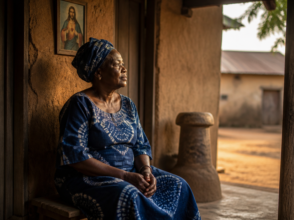 Photorealistic environmental portrait of an older Yoruba woman seated on a low bench in…