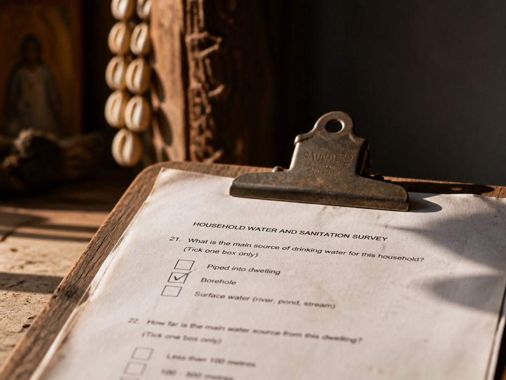 Photorealistic still-life photograph of a weathered wooden survey clipboard lying on a scarred table…
