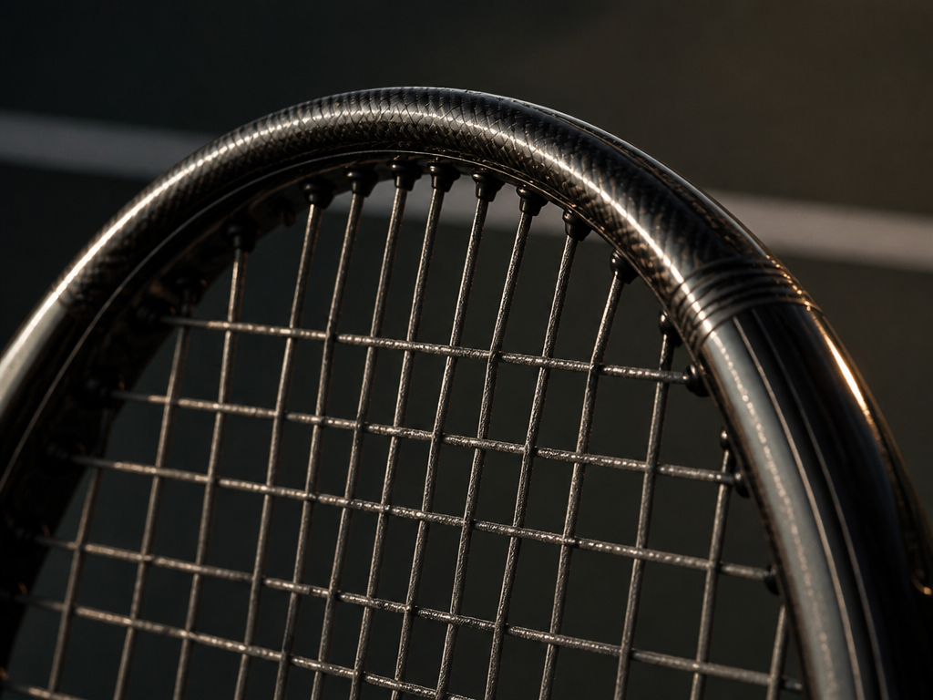 A close-up macro photograph of a tennis racquet's upper hoop at 10 and 2…
