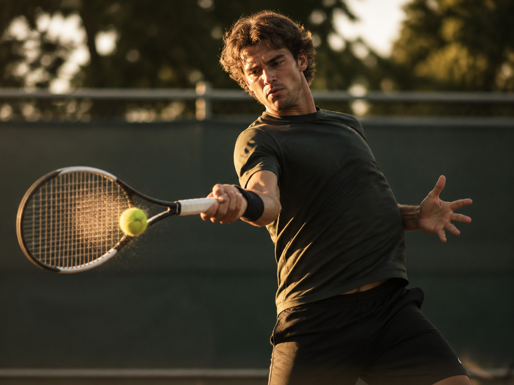 A low-angle photograph of a tennis player mid-forehand swing, their racquet frozen at the…