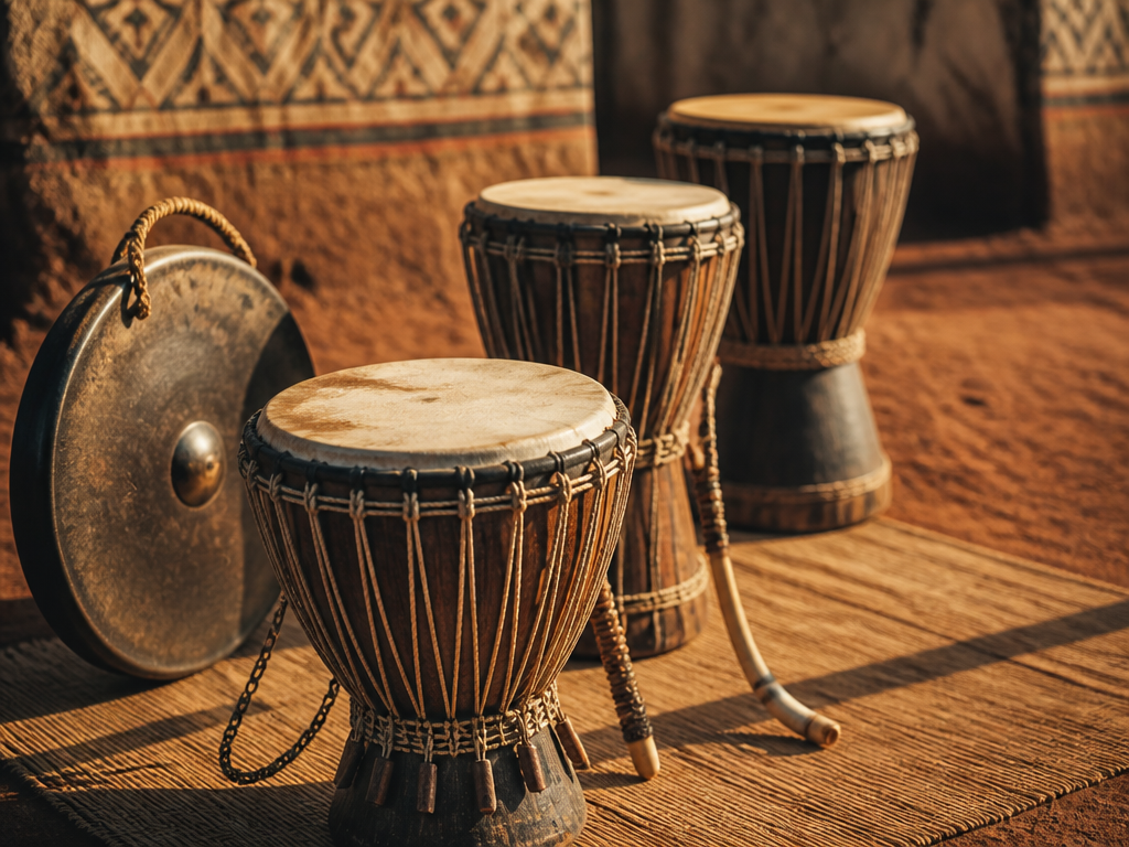 A close, richly textured photograph of a Yoruba-tradition drum ensemble at rest on a…
